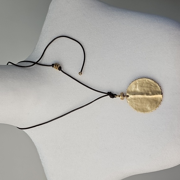 Chico's Rustic Gold Pendant Necklace wBrown Pull Cord Boho Tribal Native Ethnic - Picture 6 of 8